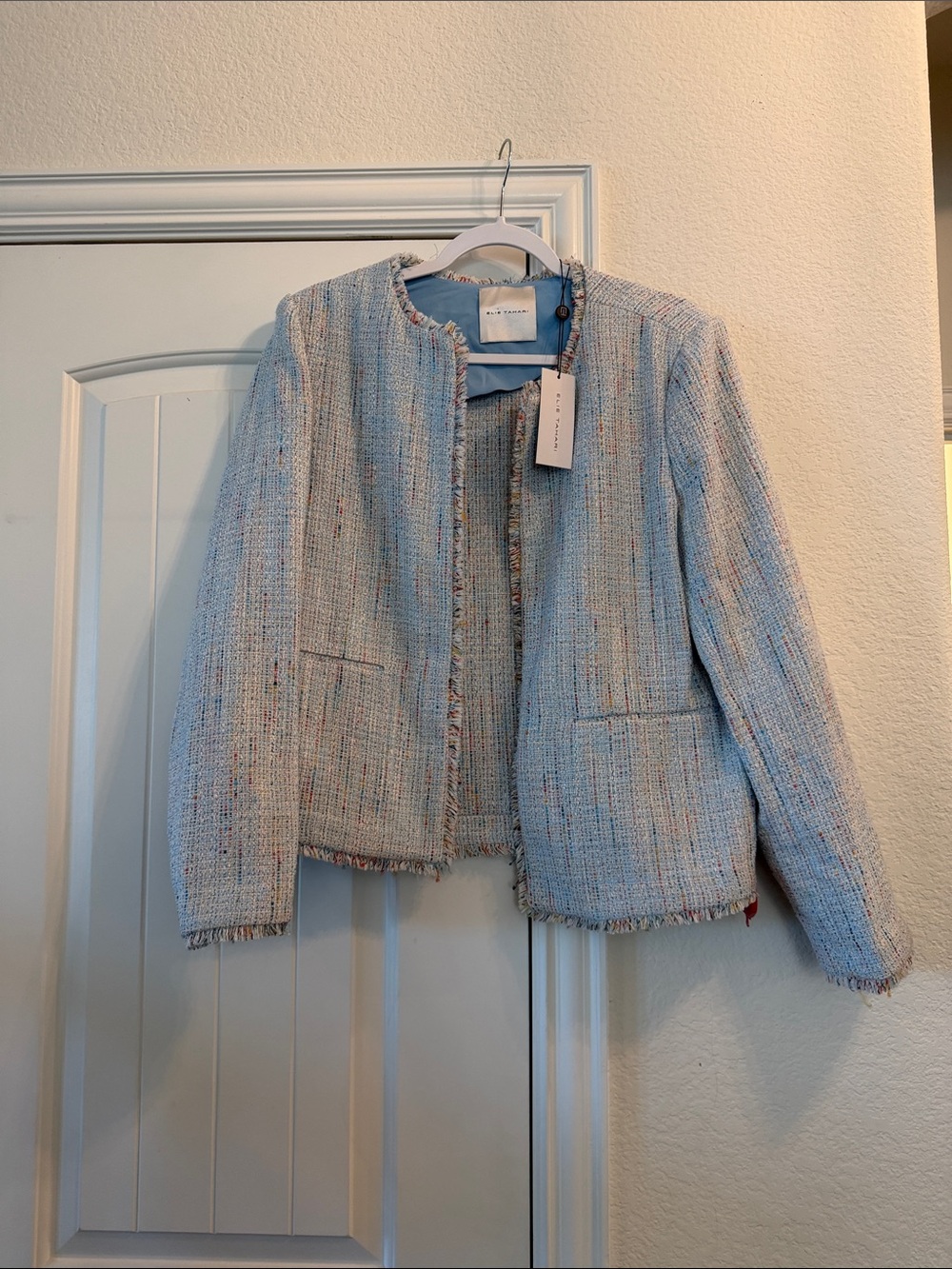 Ellie Tahari Light Blue Gabby Tweed Fringe-Trim Collarless Jacket, Sz 16